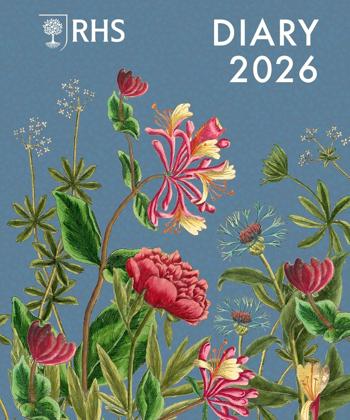 2026 RHS diary cover with floral design on a blue background