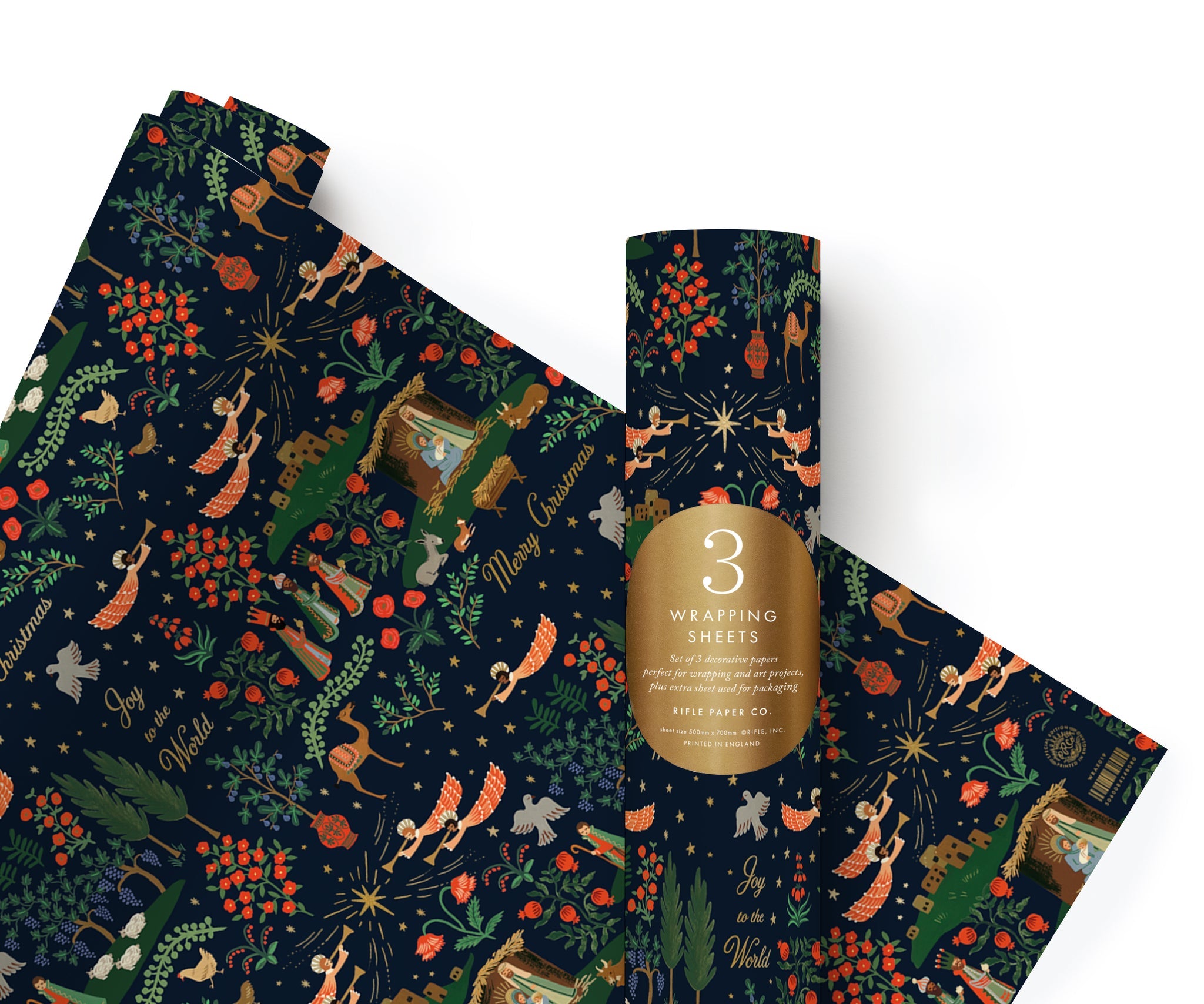 Shop Rifle Paper Co. Nativity Scene Christmas wrapping paper with beautiful festive illustrations and gold details. Three 50 x 70cm sheets, plastic-free.
Suggested URL: /products/rifle-paper-co-nativity-scene-wrap-roll