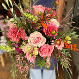 September Bouquet of the Month with dahlias, roses, snowberry and crocosmia