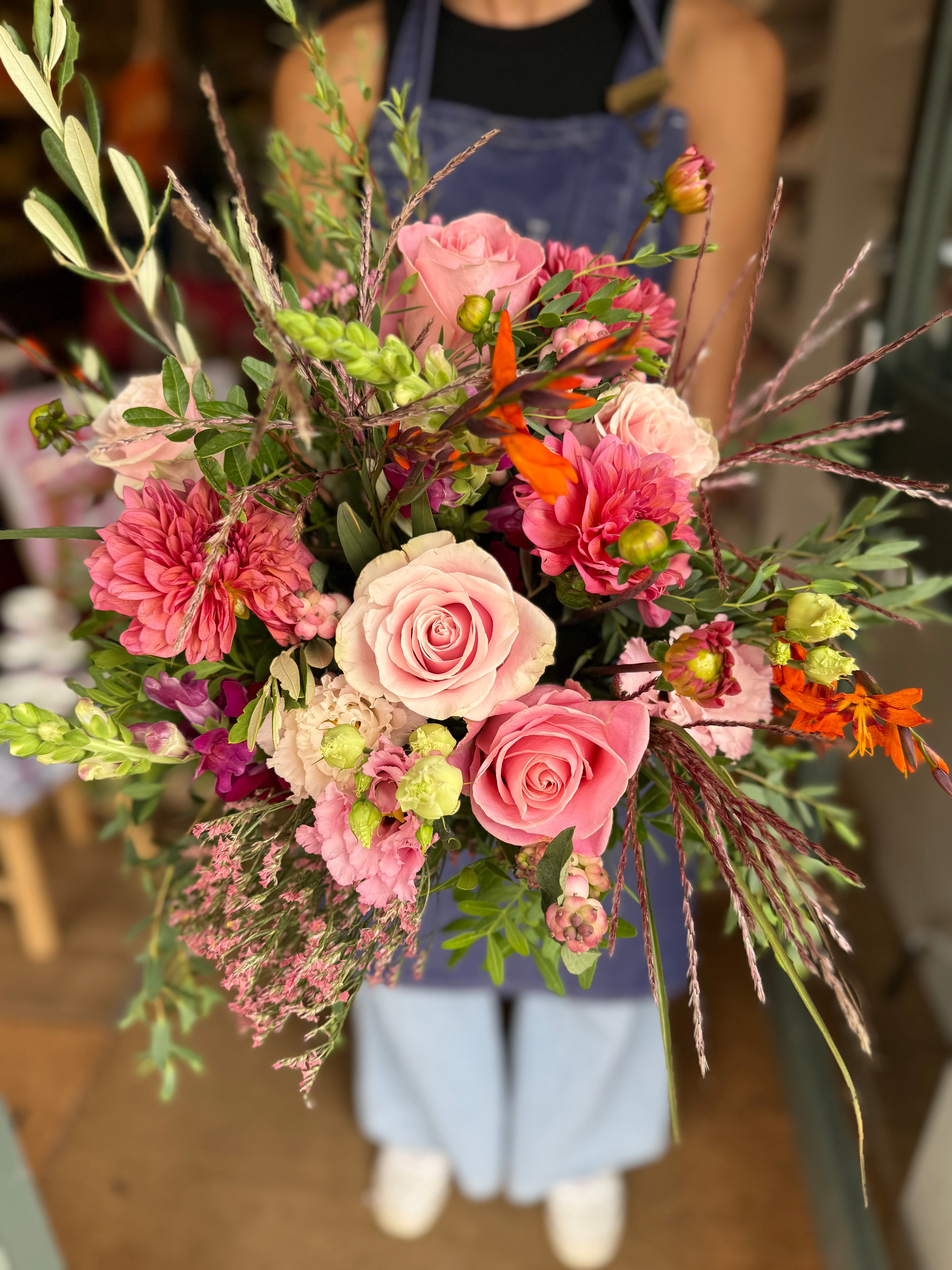 September Bouquet of the Month with dahlias, roses, snowberry and crocosmia