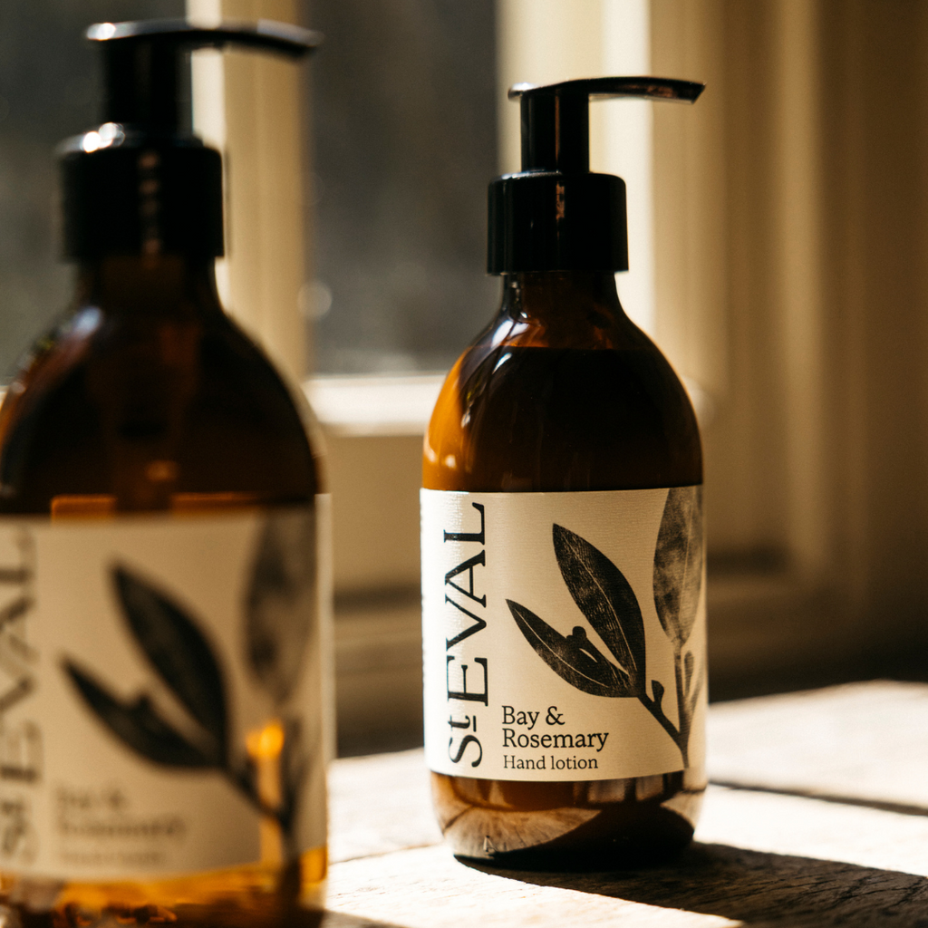 Botanical hand lotion in artisan glass bottle