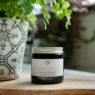 The Botanical Candle Company - Sweet Orange & Geranium Scented Soy Candle in an Amber Jar