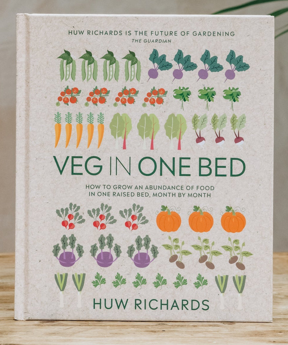 Book titled 'Veg in One Bed' by Huw Richards on a wooden surface with a plant in the background.