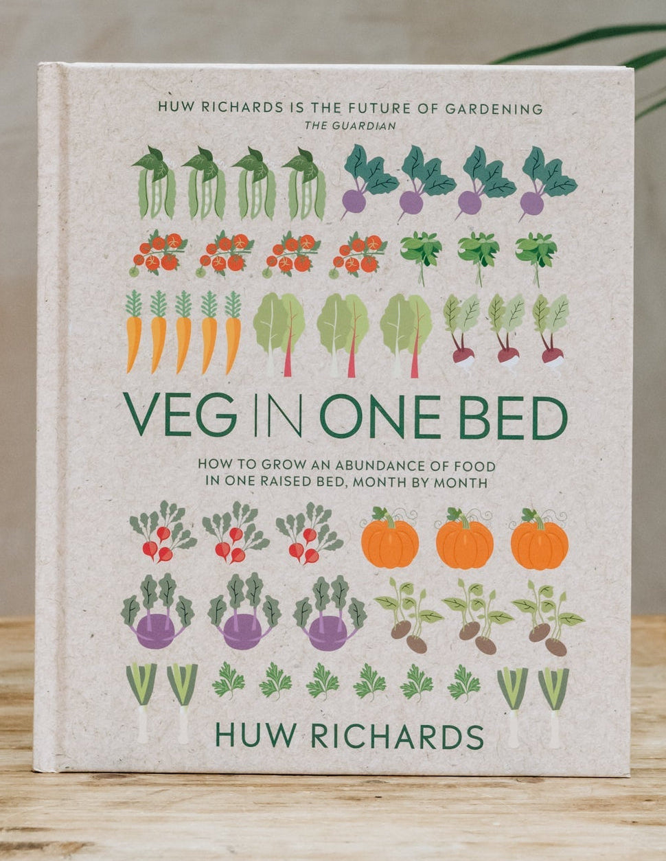 Book titled 'Veg in One Bed' by Huw Richards on a wooden surface with a plant in the background.