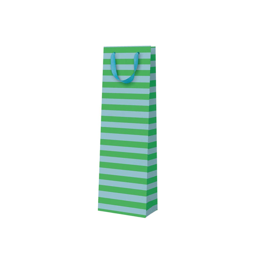 Green and blue striped gift bag with a handle on a white background