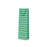 Green and blue striped gift bag with a handle on a white background
