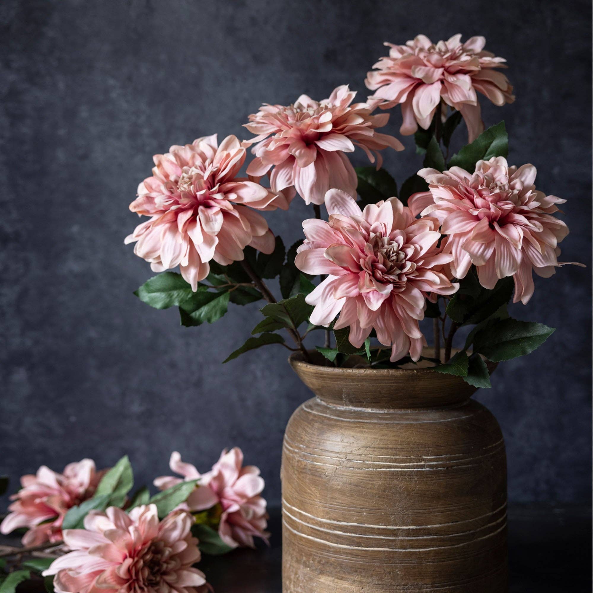 Abigail Ahern Faux Dahlia Flamingo artificial flower stem featuring a realistic soft pink dahlia bloom with lifelike petals, perfect for luxury floral styling.