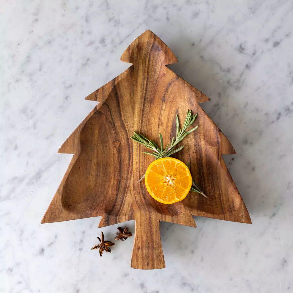 Acacia wood Christmas tree-shaped serving board for cheese, charcuterie and festive Christmas nibbles.
