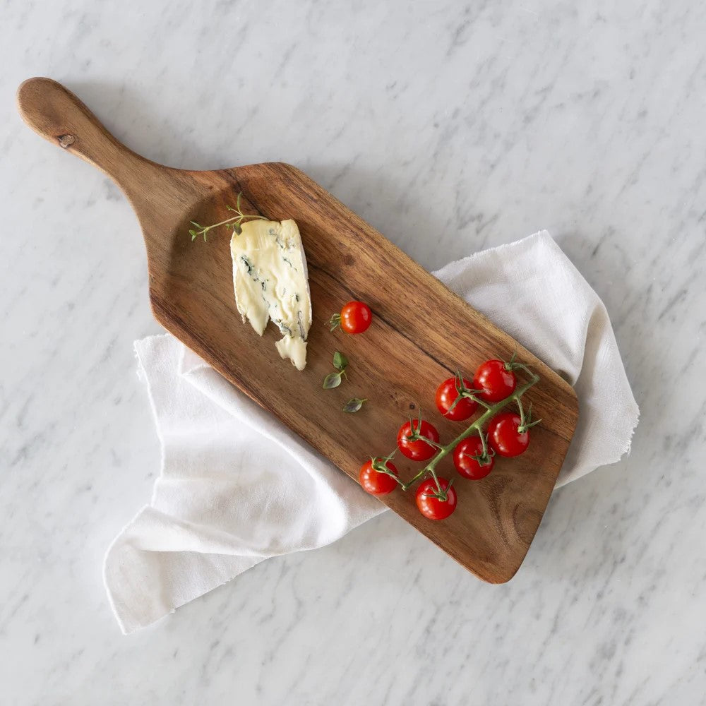 Long rectangular acacia wood serving board with natural wood grain