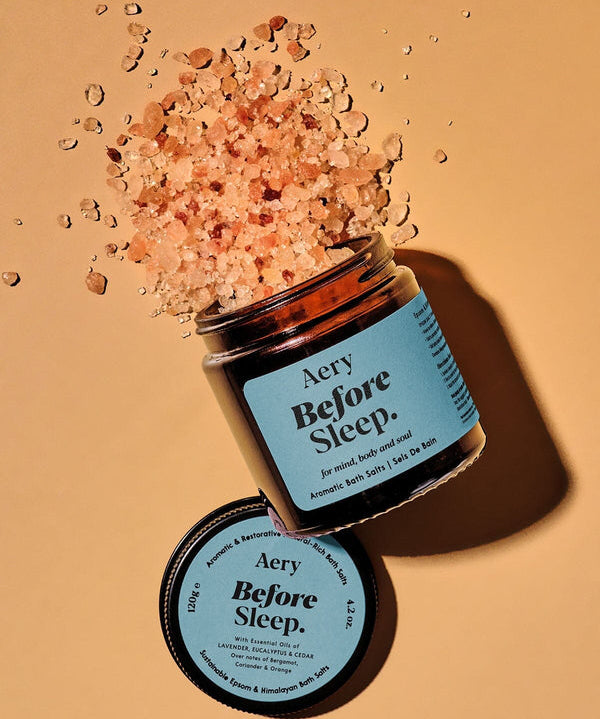 Aery Before Sleep Bath Salts with Himalayan and Epsom salts, infused with calming lavender and cedar for a relaxing bedtime bath ritual.