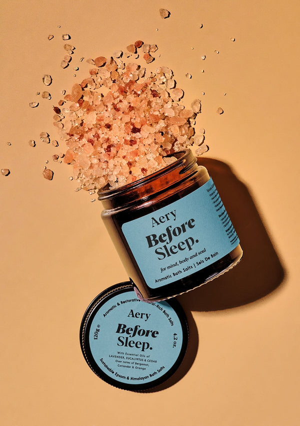 Aery Before Sleep Bath Salts with Himalayan and Epsom salts, infused with calming lavender and cedar for a relaxing bedtime bath ritual.