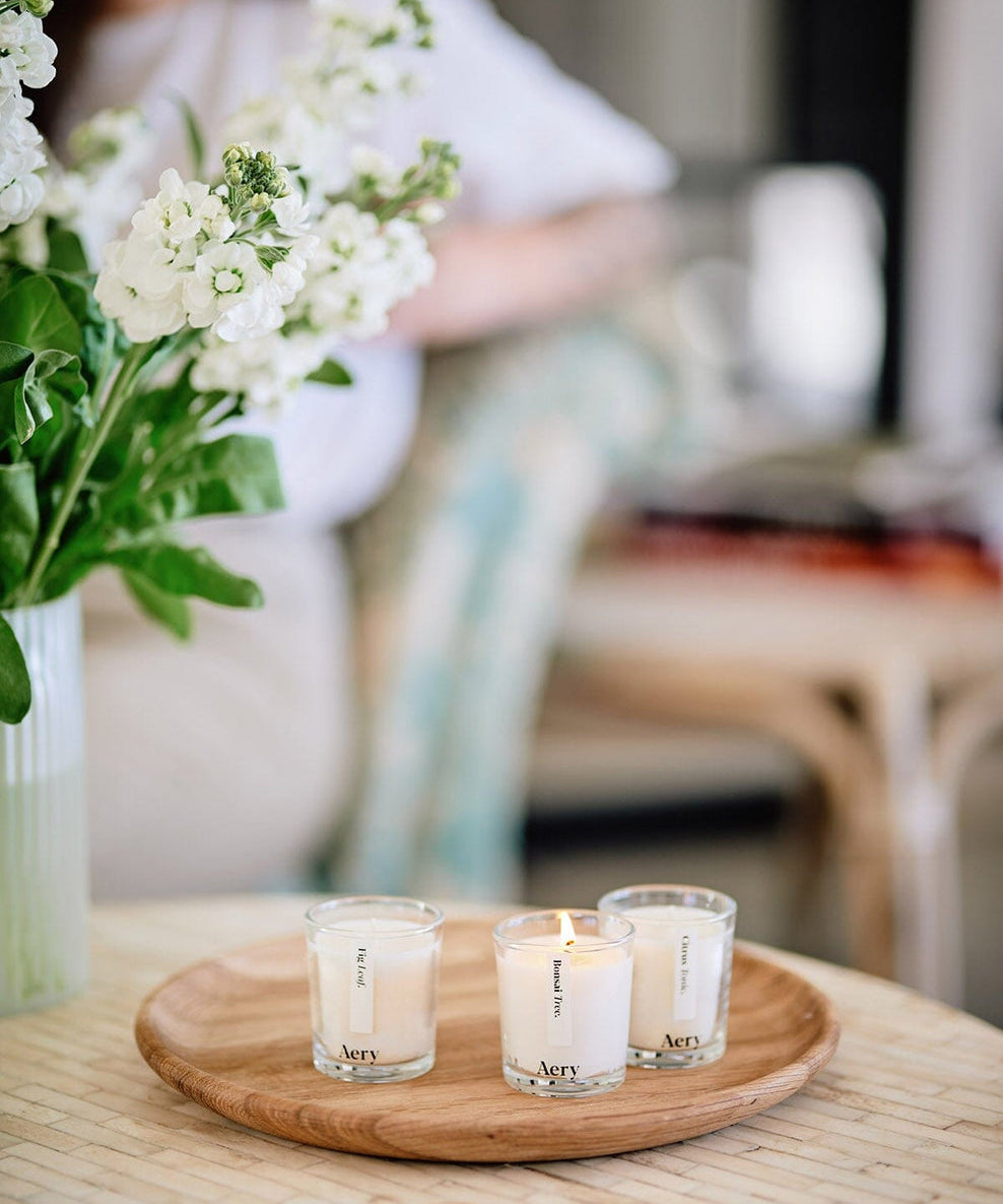Aery Botanical Mini Candle Gift Set featuring Fig Leaf, Bonsai Tree and Citrus Tonic plant-based scented candles in luxury recyclable gift packaging.