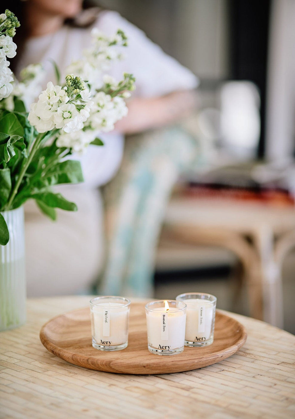 Aery Botanical Mini Candle Gift Set featuring Fig Leaf, Bonsai Tree and Citrus Tonic plant-based scented candles in luxury recyclable gift packaging.