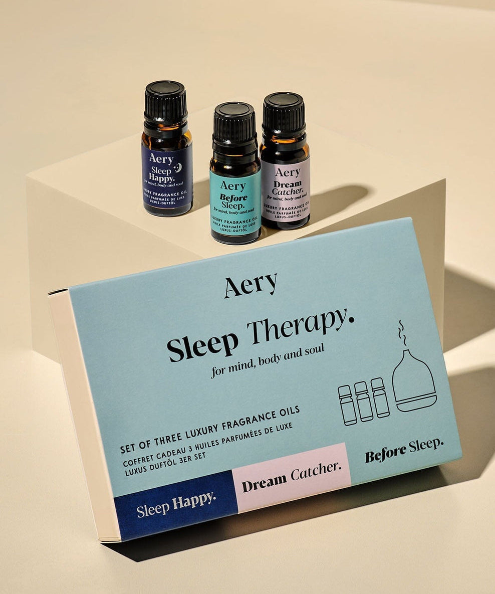 Aery Sleep Well Essential Oil Trio gift set featuring Before Sleep, Dream Catcher and Sleep Happy essential oil blends for relaxation and bedtime aromatherapy.
