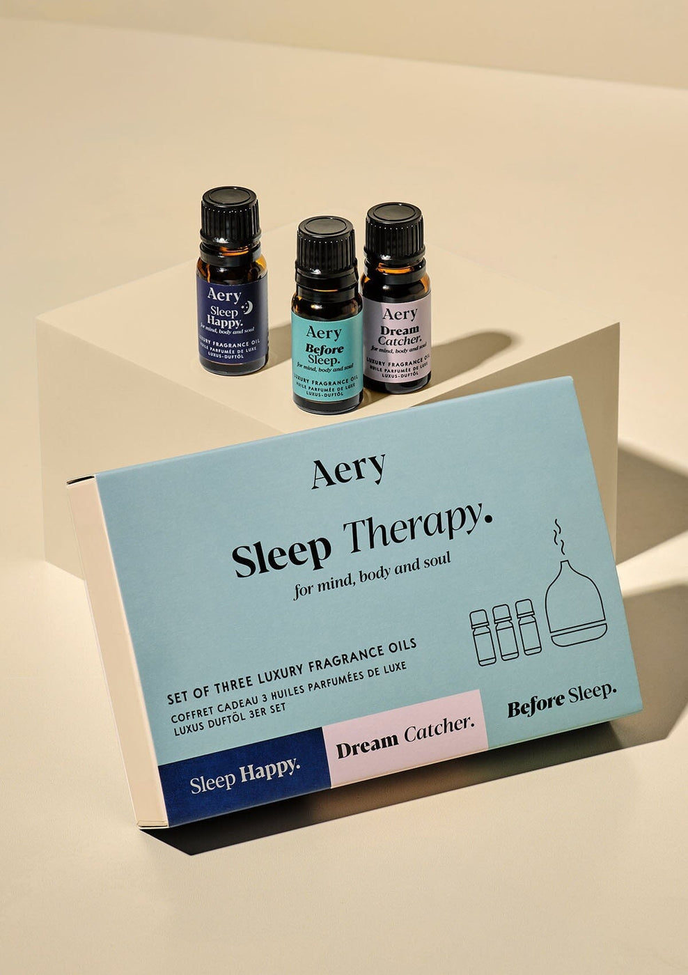 Aery Sleep Well Essential Oil Trio gift set featuring Before Sleep, Dream Catcher and Sleep Happy essential oil blends for relaxation and bedtime aromatherapy.