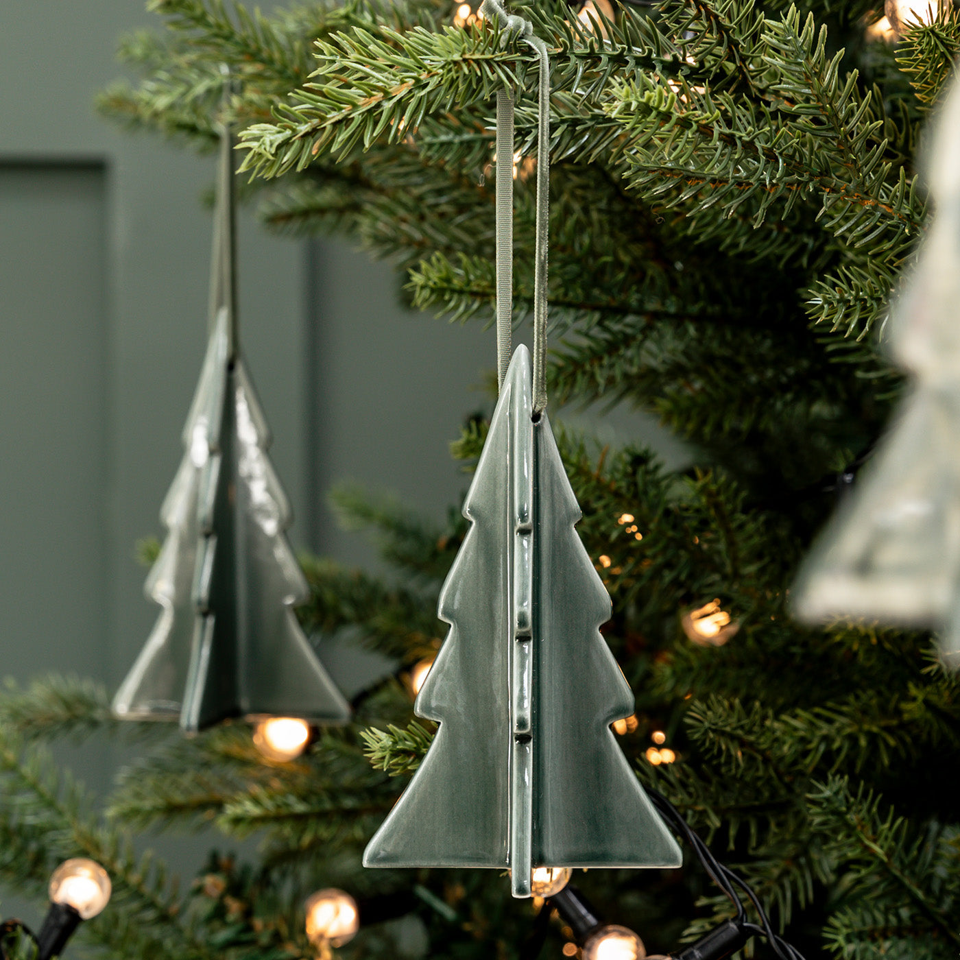 Airdrie Set of 3 Glazed Porcelain Hanging Christmas Tree Decorations.