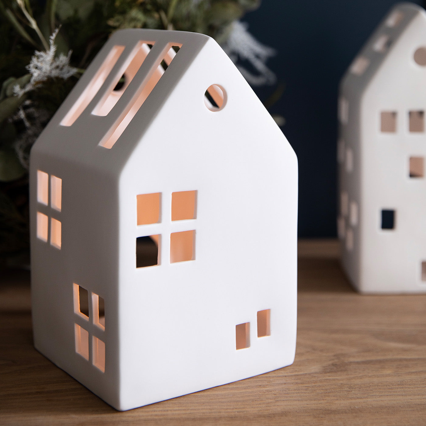Airdrie White Porcelain Tealight House for festive Christmas candlelight.