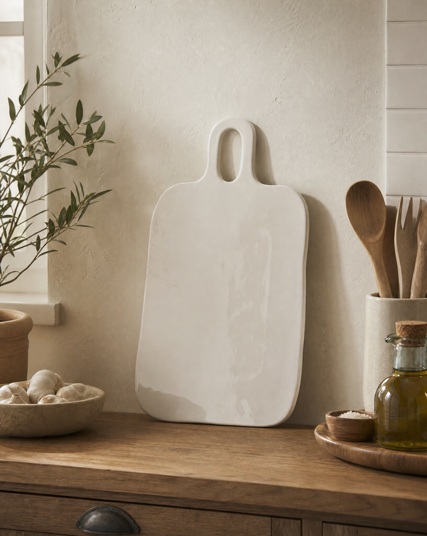Alderley rectangular stoneware serving board in a soft chalk reactive glaze, ideal for cheese, charcuterie and sharing food.