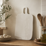 Alderley rectangular stoneware serving board in a soft chalk reactive glaze, ideal for cheese, charcuterie and sharing food.