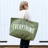 Alphabet Bags Everything Really Big Bag in olive green heavyweight cotton canvas with off-white print, oversized tote bag handmade in the UK.