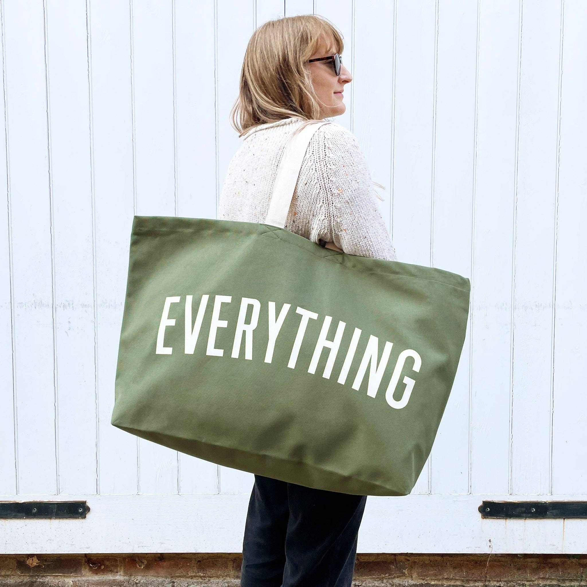 Alphabet Bags Everything Really Big Bag in olive green heavyweight cotton canvas with off-white print, oversized tote bag handmade in the UK.
