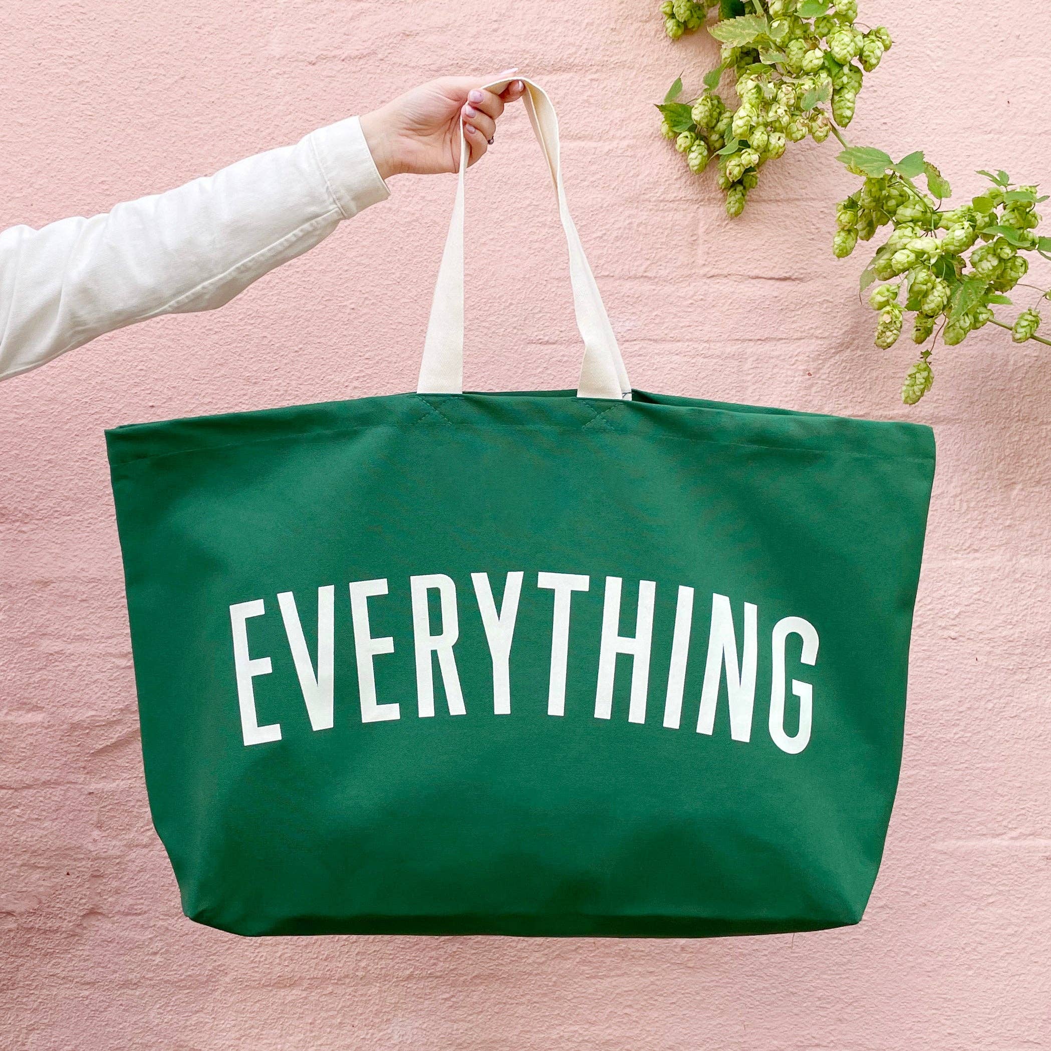 Alphabet Everything Really Big Bag in heavyweight forest green canvas, an oversized UK-made canvas tote bag for shopping, travel, weekends away and beach days.