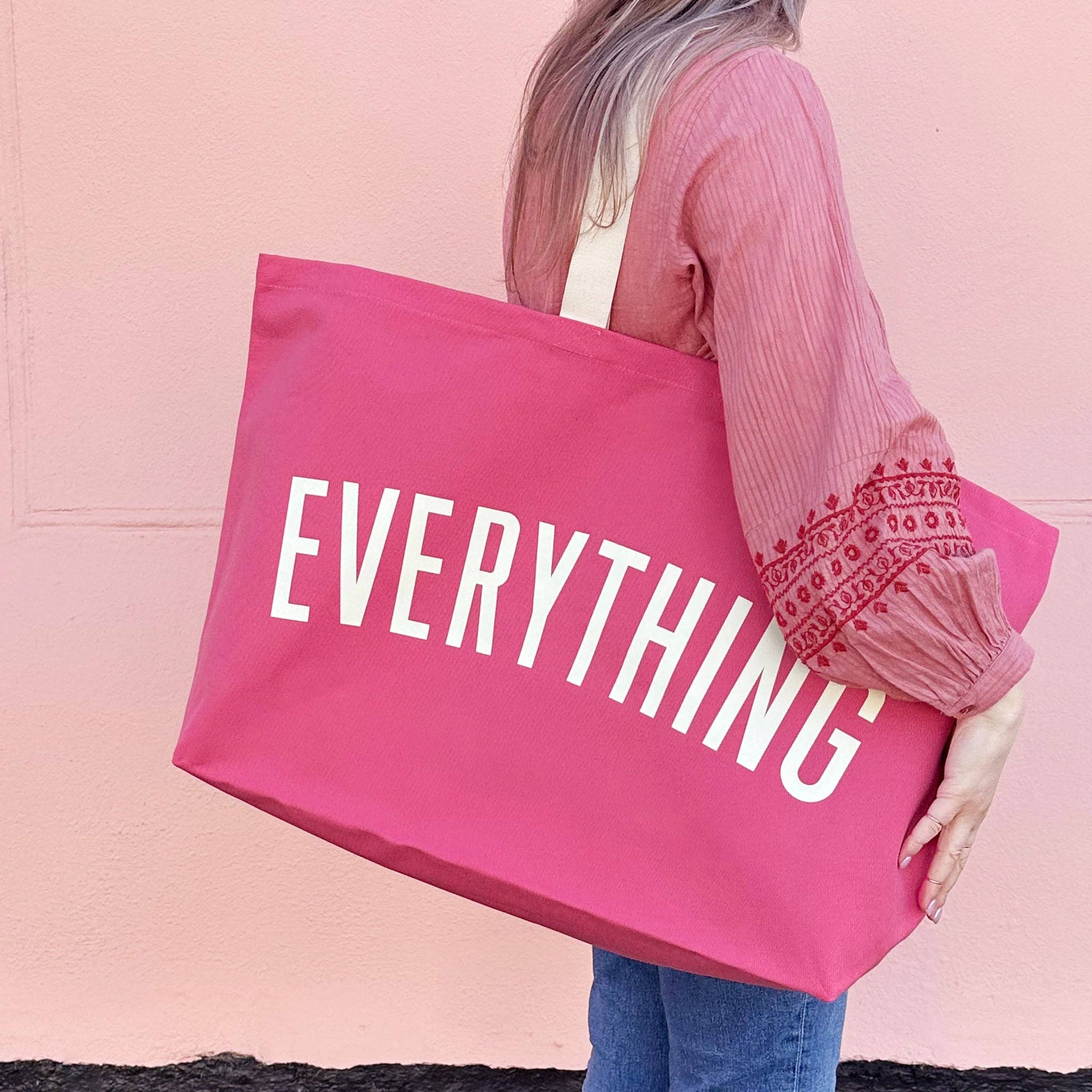 Alphabet Everything Really Big Bag in heavyweight pink canvas, an oversized UK-made canvas tote bag for shopping, travel, beach days, weekends away and everyday use.