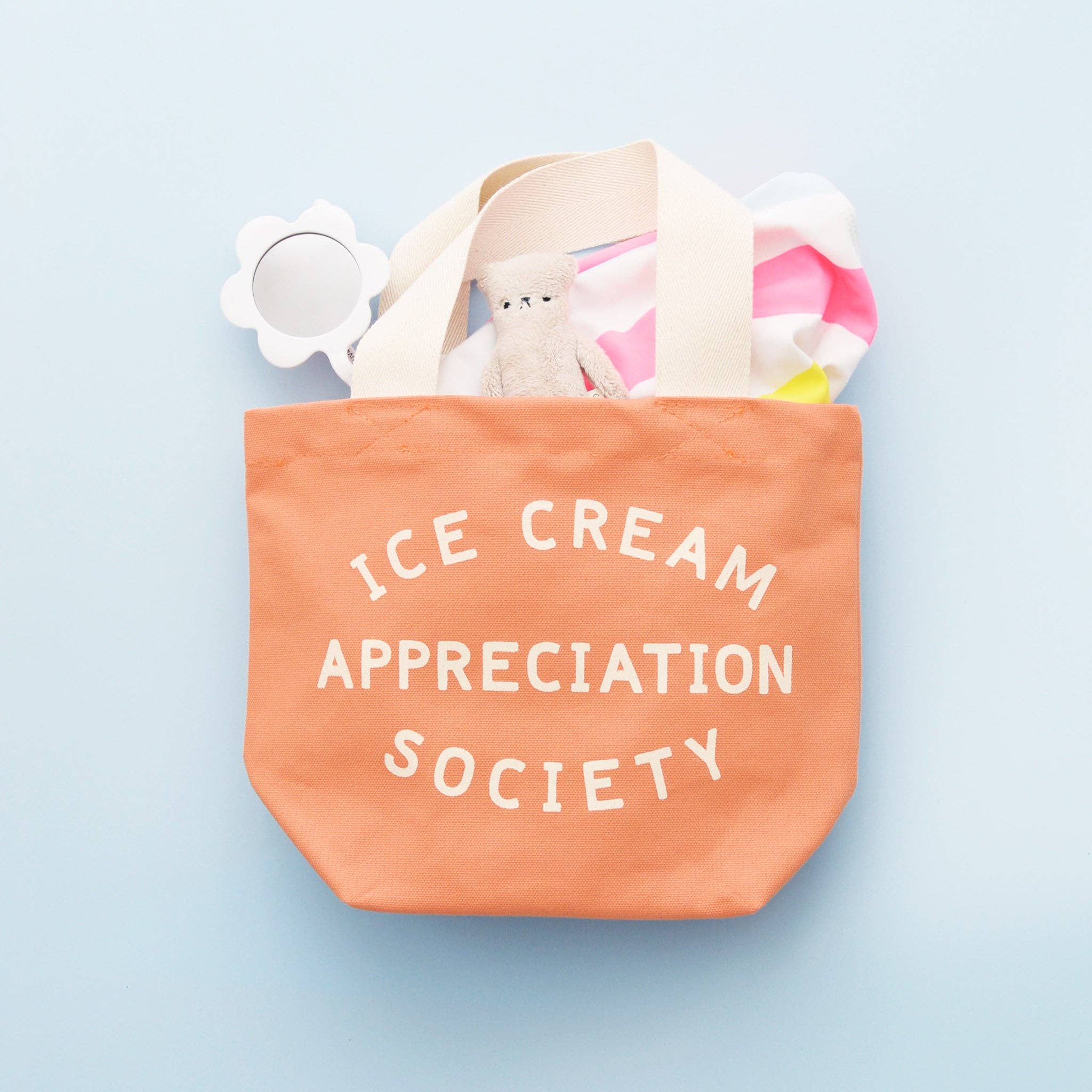 Alphabet Ice Cream Appreciation Society Little Canvas Bag in peach, a UK-made children's cotton tote bag for snacks, toys, holidays, beach days and everyday adventures.