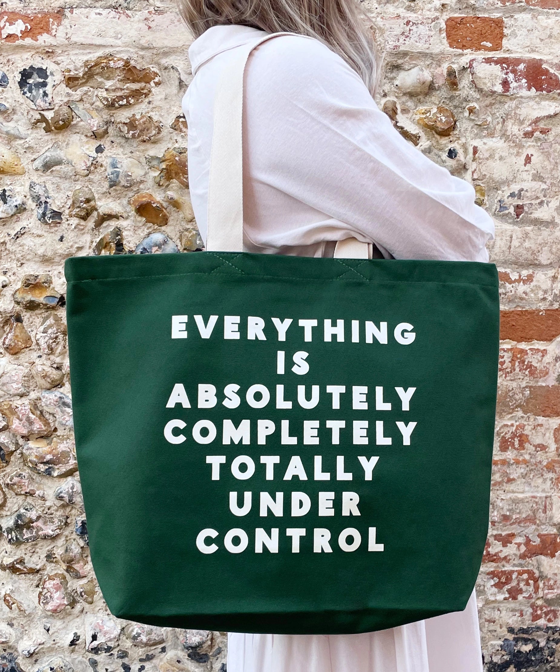 Alphabet Large Forest Green Canvas Tote Bag featuring the playful "Everything Is Under Control" design. Made from durable canvas for work, shopping & everyday adventures.