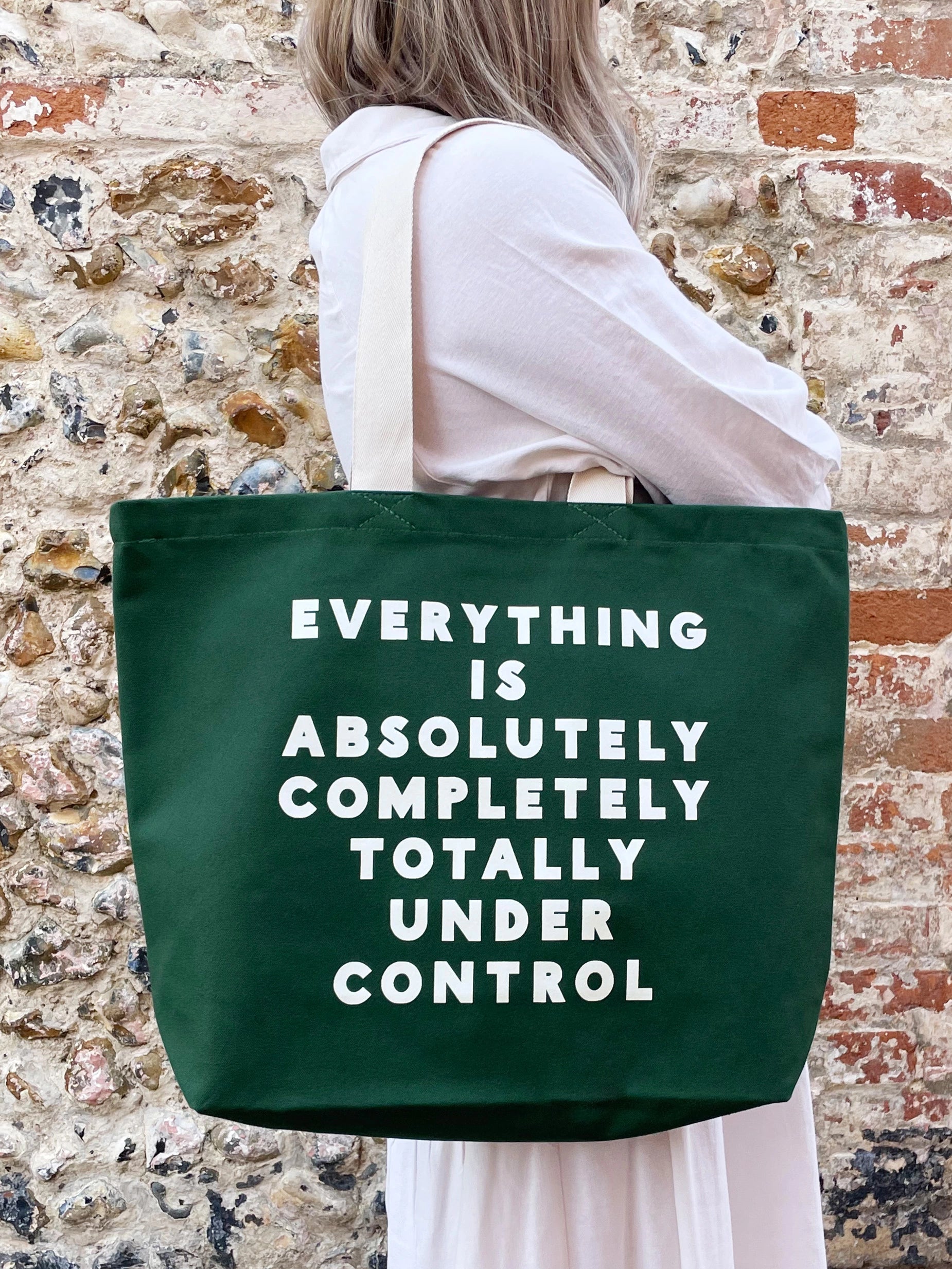 Alphabet Large Forest Green Canvas Tote Bag featuring the playful "Everything Is Under Control" design. Made from durable canvas for work, shopping & everyday adventures.