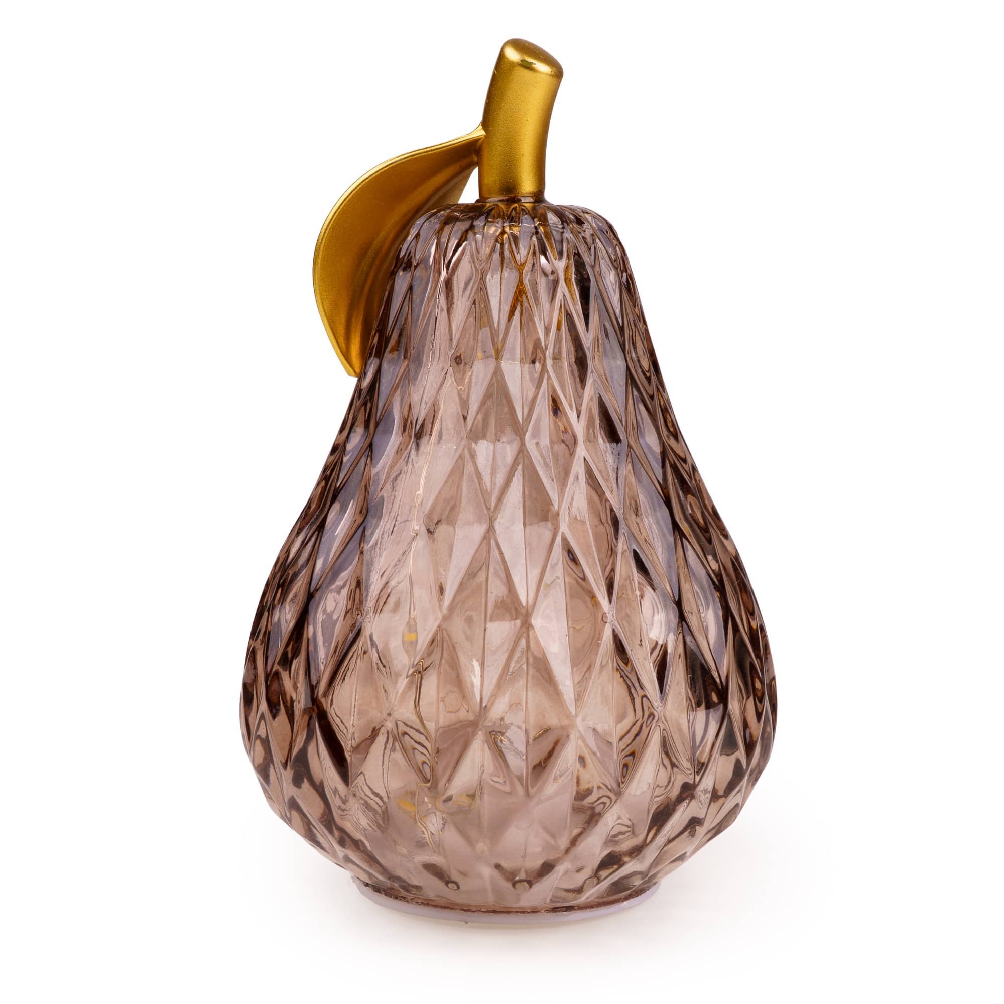 Amber pear-shaped LED decorative light with faceted finish and gold stem and leaf