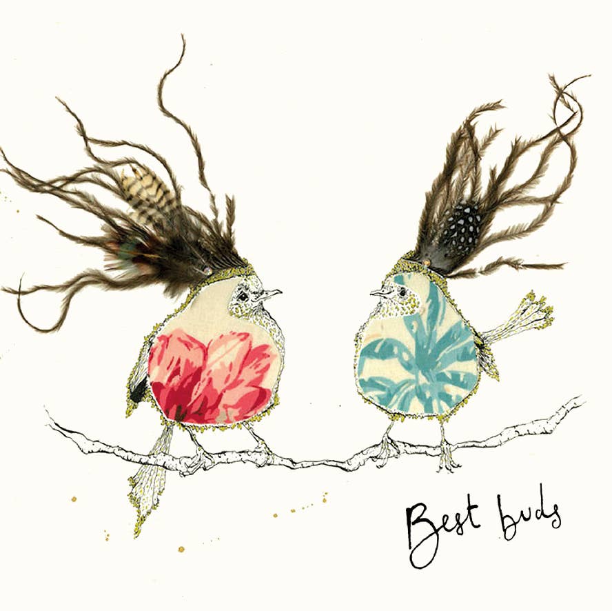 Anna Wright Best Buds friendship greeting card featuring two colourful illustrated birds with hand-lettered text on premium FSC-certified card