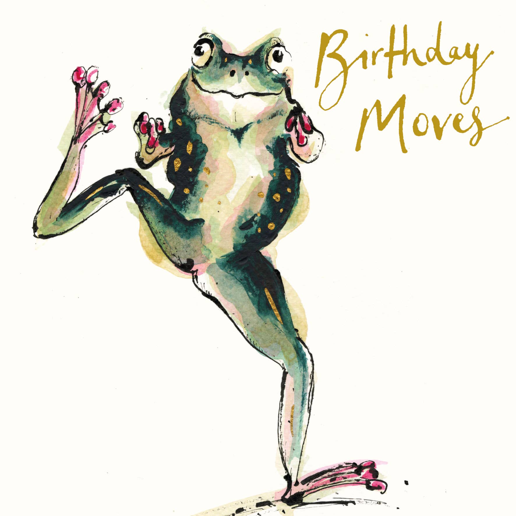 Anna Wright Birthday Moves Frog birthday card featuring a joyful dancing frog with gold foil detailing and the handwritten message "Birthday Moves" on premium FSC®-certified card.