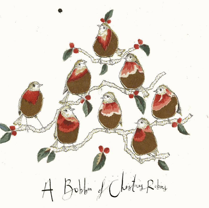 Anna Wright A Bobbin of Robins Christmas card featuring eight illustrated festive robins and handwritten Christmas text.