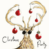 Anna Wright Christmas Party card featuring an illustrated stag with colourful Christmas baubles hanging from his antlers.