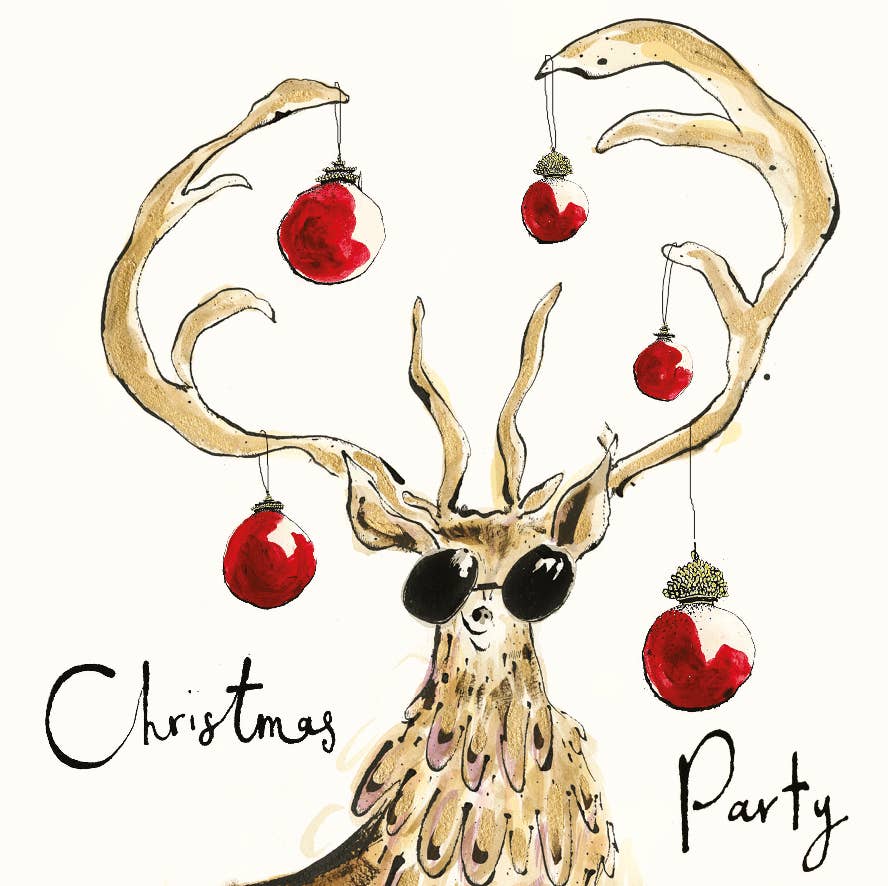 Anna Wright Christmas Party card featuring an illustrated stag with colourful Christmas baubles hanging from his antlers.