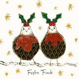 Anna Wright Festive Friends Christmas card featuring two illustrated robins dressed as Christmas puddings beneath a starry sky.