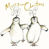 Anna Wright Festive Penguins Christmas card featuring two illustrated penguins with gold foil detailing and Merry Christmas text.
