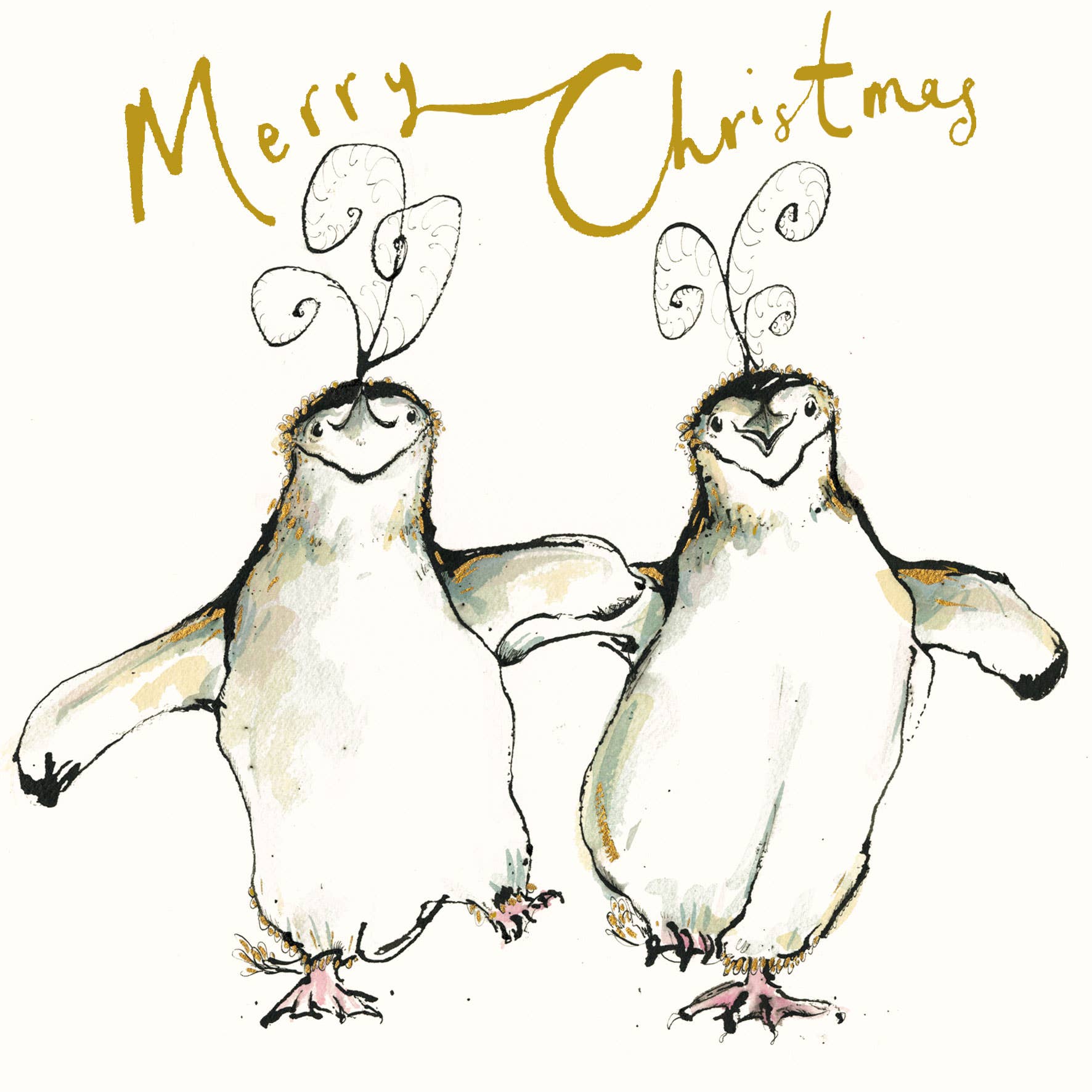 Anna Wright Festive Penguins Christmas card featuring two illustrated penguins with gold foil detailing and Merry Christmas text.