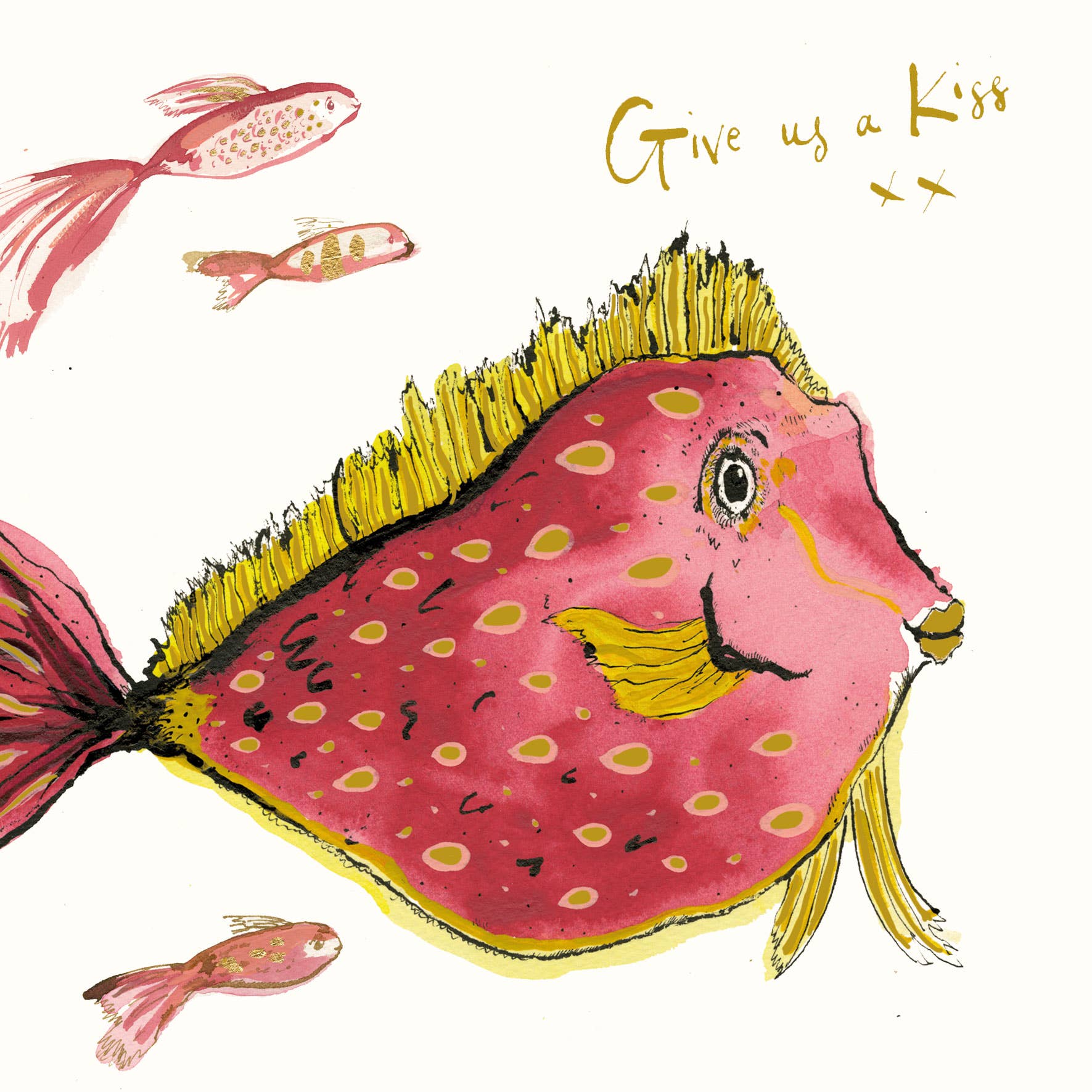 Anna Wright Give Us a Kiss Fish greeting card featuring two playful pink fish with the handwritten message "Give Us a Kiss" on premium FSC®-certified card.