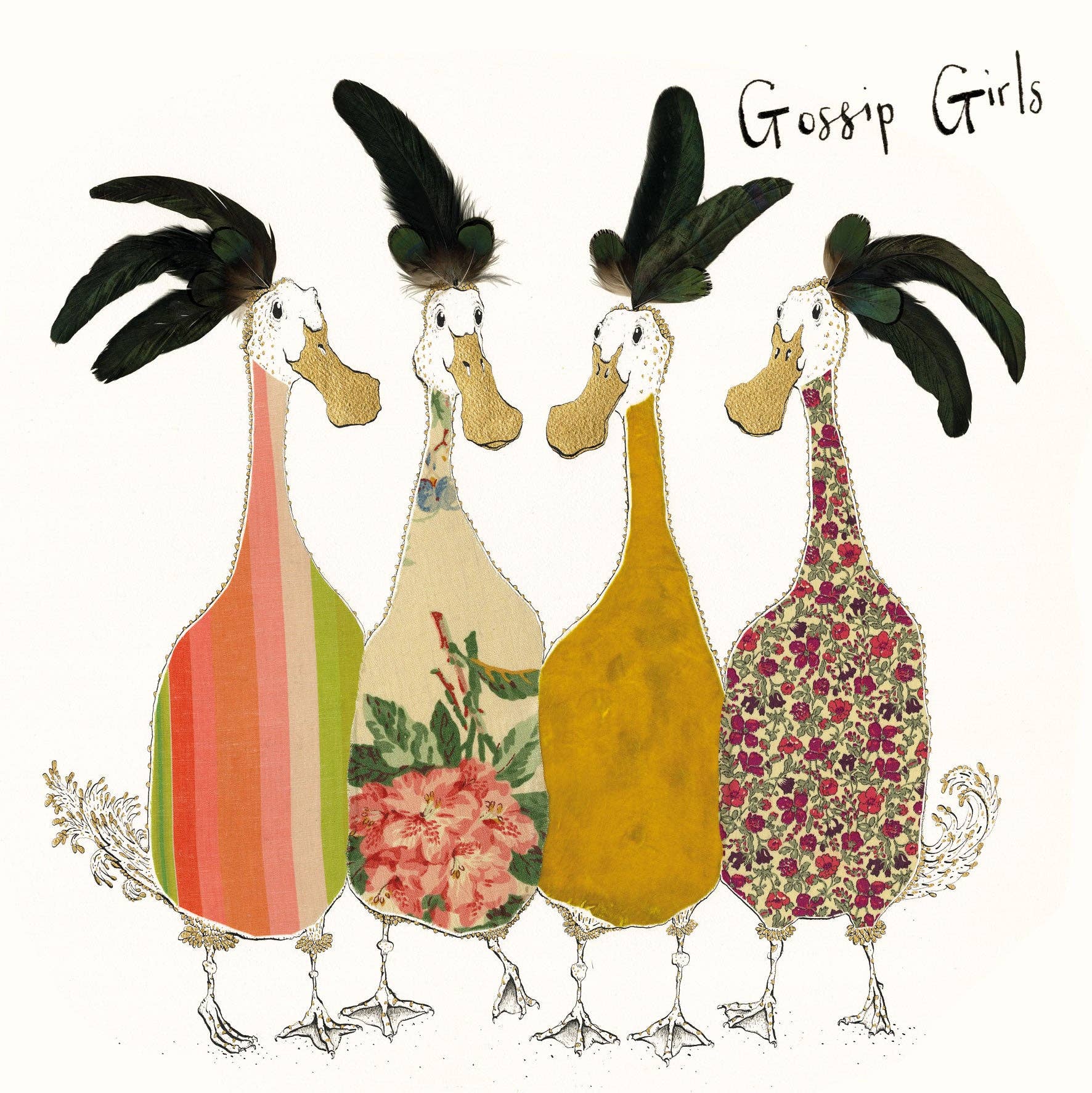 Anna Wright Gossip Girls greeting card featuring four illustrated chatty ducks with handwritten lettering on premium FSC-certified card.