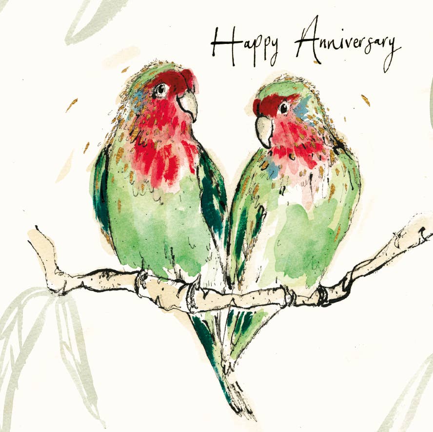 Anna Wright Happy Anniversary Love Birds greeting card featuring two cheerful love birds with the handwritten message "Happy Anniversary" on premium FSC®-certified card.