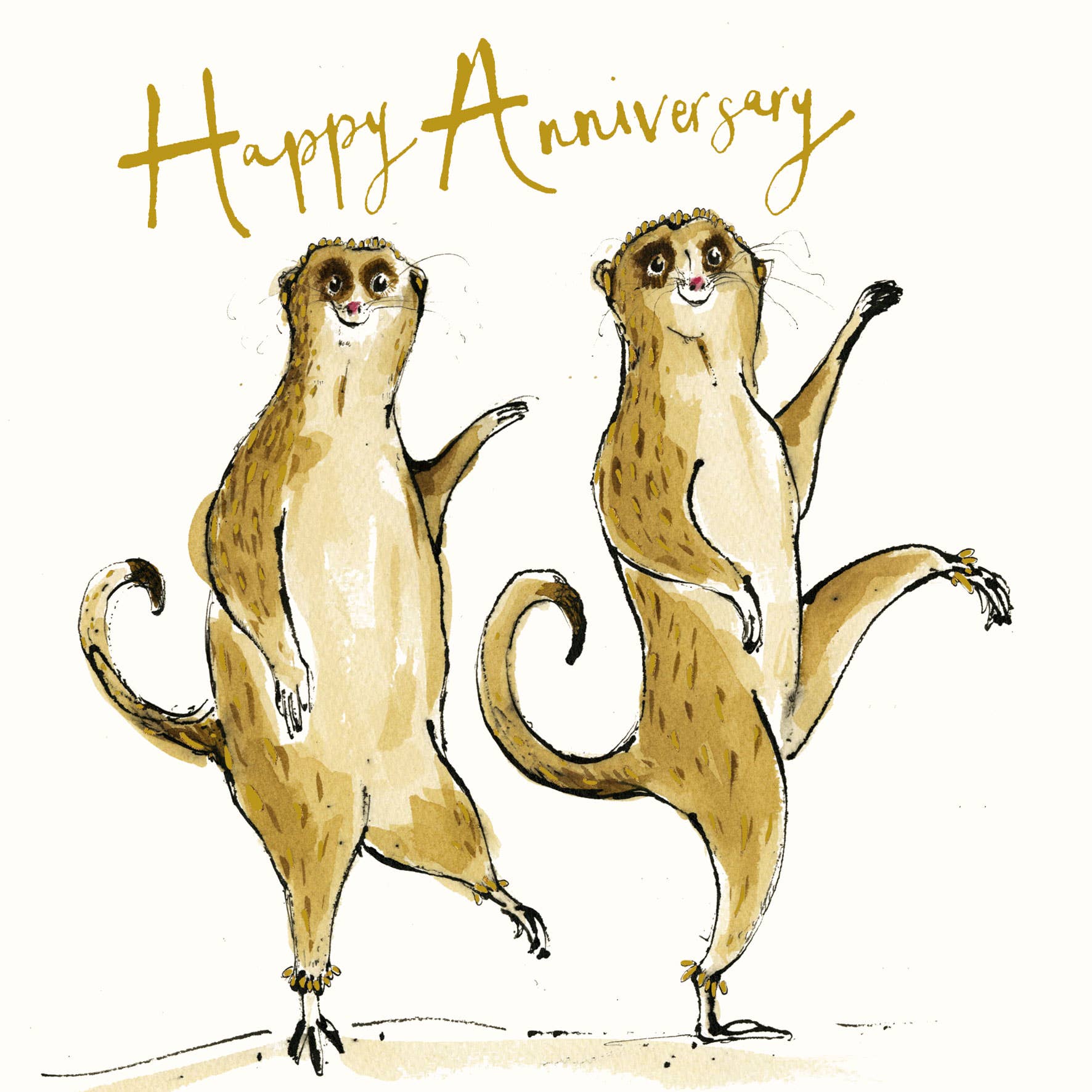 Anna Wright Happy Anniversary Meerkats greeting card featuring two illustrated meerkats with gold foil embossed lettering on premium FSC-certified card.