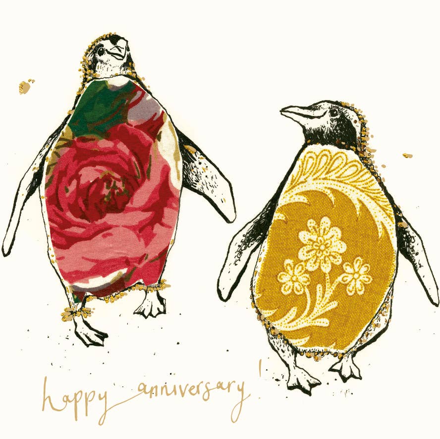 Anna Wright Happy Anniversary Penguins greeting card featuring two happy penguins with gold foil detailing and the handwritten message "Happy Anniversary" on premium FSC®-certified card.
