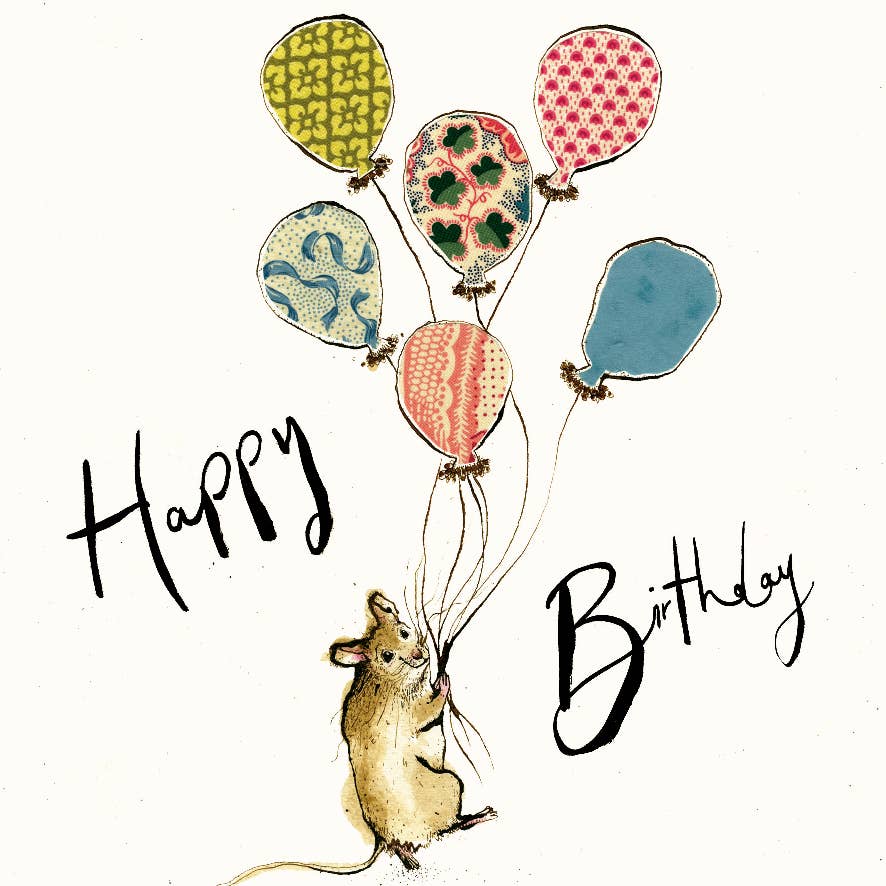 Anna Wright Happy Birthday Mouse with Balloons greeting card featuring an illustrated mouse holding colourful balloons on premium FSC-certified card.