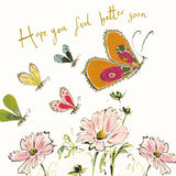 Anna Wright Hope You Feel Better Soon greeting card featuring colourful butterflies and delicate flowers with gold foil embossed lettering on premium FSC-certified card.