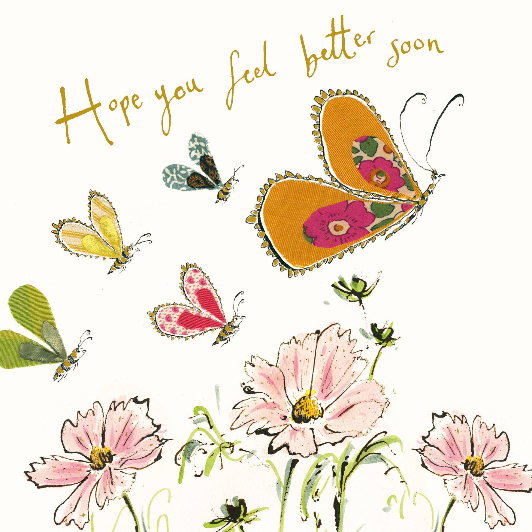 Anna Wright Hope You Feel Better Soon greeting card featuring colourful butterflies and delicate flowers with gold foil embossed lettering on premium FSC-certified card.