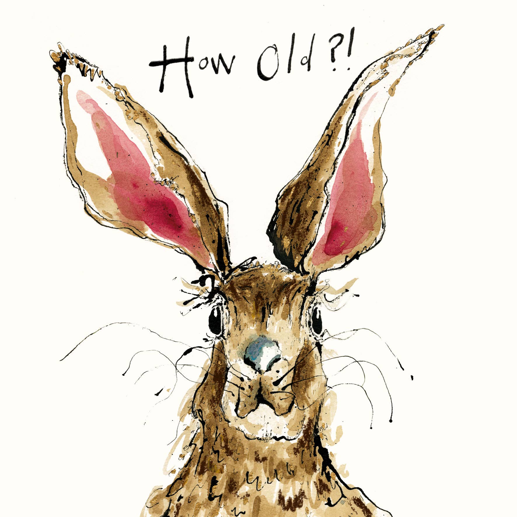 Anna Wright How Old?! greeting card featuring an illustrated hare with oversized ears and hand-lettered text on premium FSC-certified card.