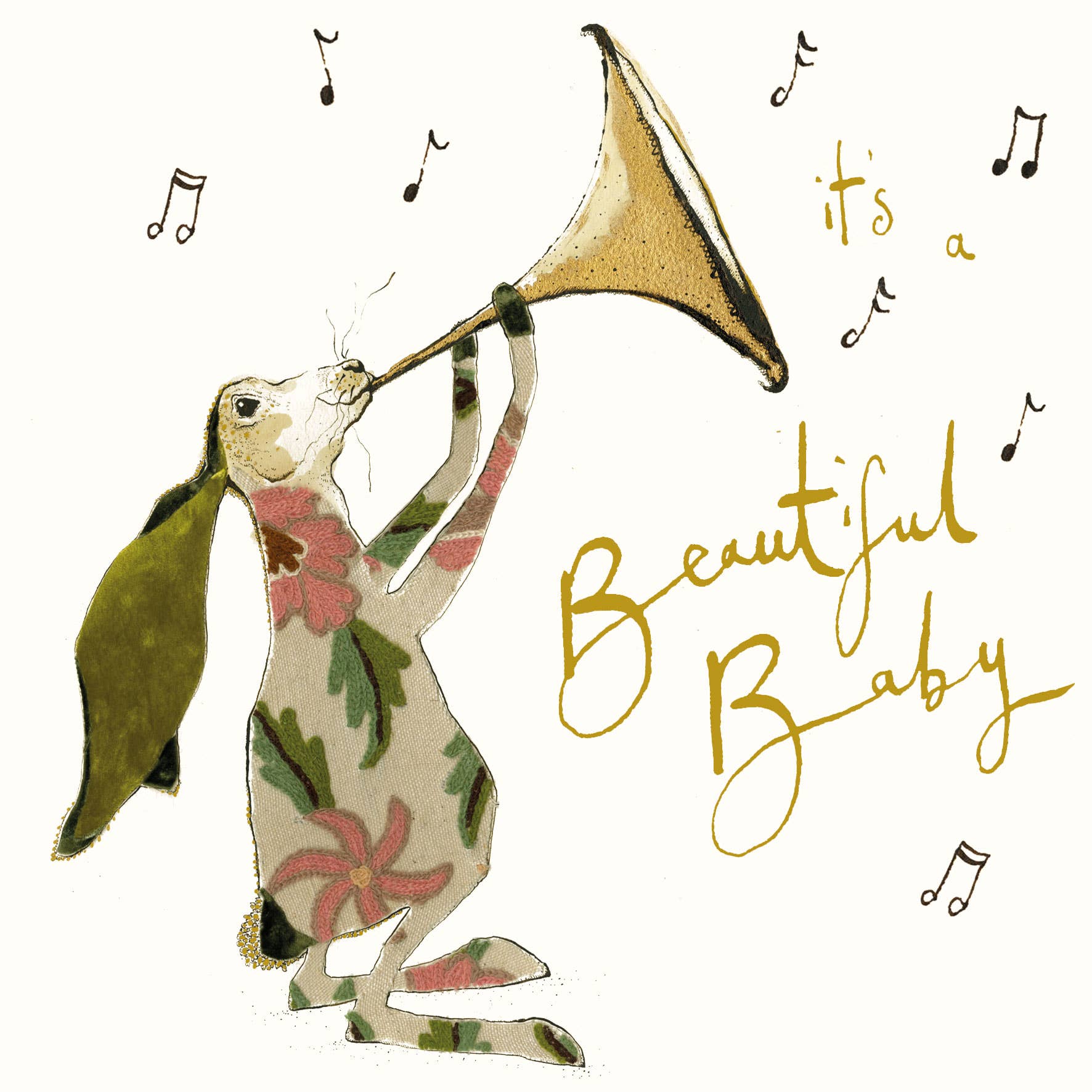 Anna Wright It's a Beautiful Baby greeting card featuring an illustrated trumpeting hare with gold foil embossed lettering on premium FSC-certified card.