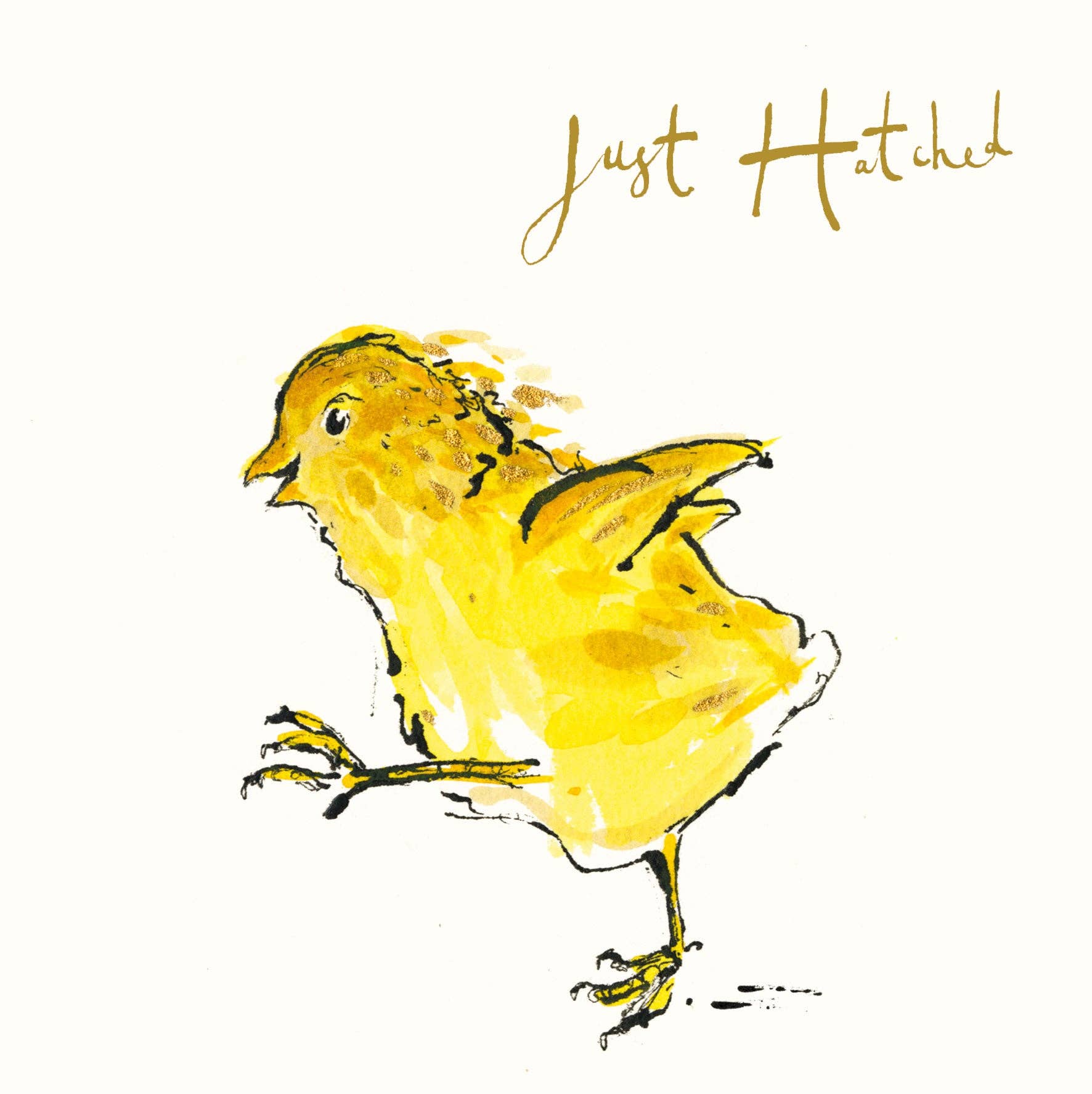 Anna Wright Just Hatched new baby card featuring a yellow chick illustration with gold foil detailing.